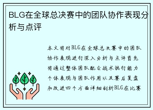 BLG在全球总决赛中的团队协作表现分析与点评