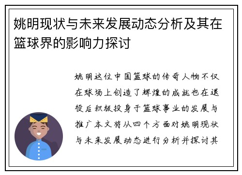 姚明现状与未来发展动态分析及其在篮球界的影响力探讨