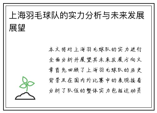上海羽毛球队的实力分析与未来发展展望