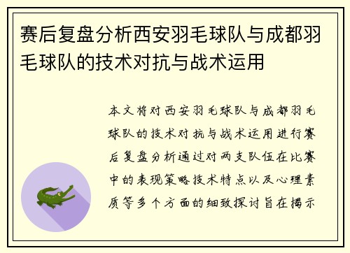 赛后复盘分析西安羽毛球队与成都羽毛球队的技术对抗与战术运用